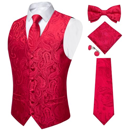 Image of DiBanGu Mens Paisley Vest Silk Sleeveless Suit Vest and Neck Tie Pocket Square Cufflinks Set for Wedding Formal