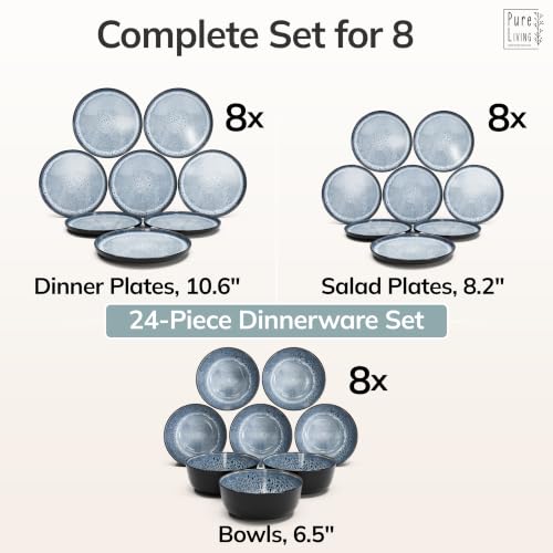 Image of 24 Piece Stoneware Dinnerware Set for 8, Handmade Plates and Bowls Set | Reactive Glaze Coating, Dishwasher & Microwave Safe Dish Set, Chip & Scratch Resistant Dishware Set, Ibiza Smoke Blue