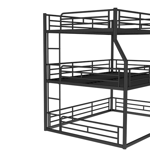 Image of Full Over Queen Over Queen Bunk Bed with Safety Guardrails, Modern Metal Triple Bed Frame for Kids, No Box Spring Required, Black