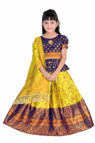 Image of Girls Pattu Pavadai Ready to Wear Lehenga, Blouse & Dupatta Set - Heavy Jacquard Fabric, Fully Stitched