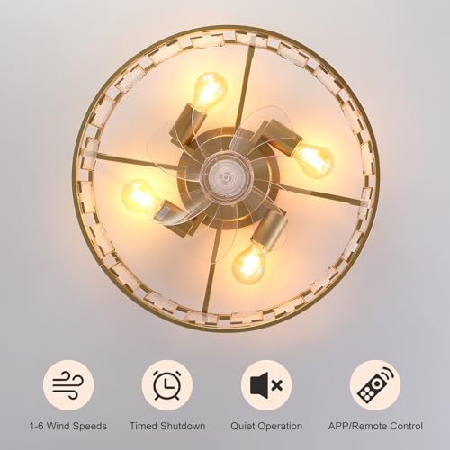 Image of Garwarm 20IN Caged Ceiling Fan with Light,Flush Mount Ceiling Fans with Lights and Remote,Bladeless Fandelier Low Profile Ceiling Fan Light Fixture for Bedroom,Kitchen,Dining Room, Gold
