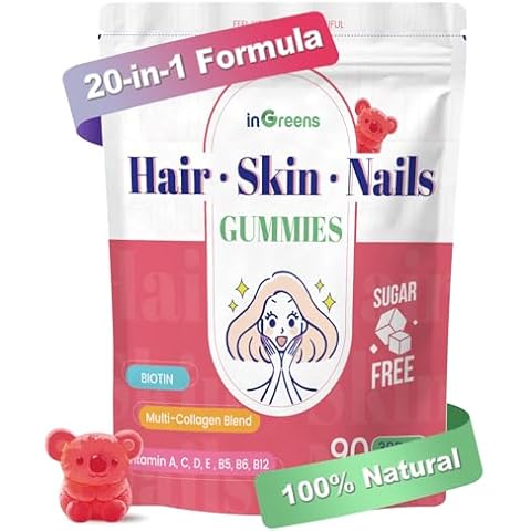 inGreens 20-in-1 Hair Skin and Nails Gummies - Hair, Skin and Nails Vitamins for Women - 10000 mcg Biotin, Vitamins A, C, D, E - Supports Hair Growth & Radiant Skin - White Peach Flavor - 90 Gummies Cover