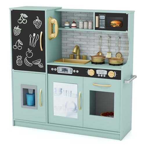 COSTWAY Cocina de Juguete de Madera, Cocinita Infantil con Pizarra, Teléfono, Microondas, Fabricador de Hielo, Lavavajillas, Horno y Sonidos Simulados para Niños y Niñas de 3-6 Años (Verde)