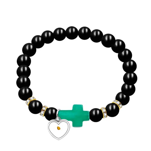 Image of Uloveido Black Agate Side Cross Bracelet Mustard Seed Charms, Personalized Letter A-Z Tiger's Eye Bangle Y944