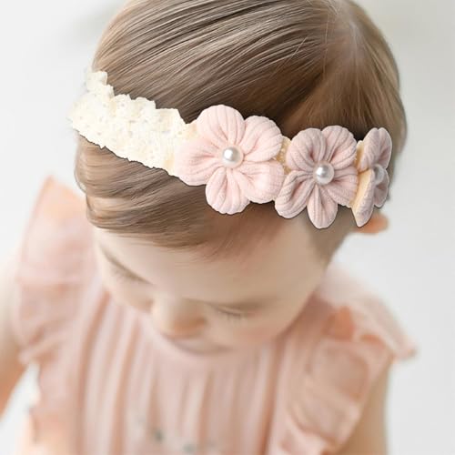 Handmade Baby Girl Headbands in Beige and Pink Lace Flowers for Newborns and Toddlers Cute Baby Girl Flowers and Newborn Headbands (Pink flowers, One Size)3