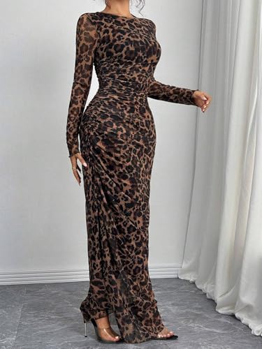 Image of Womens Long Sleeve Maxi Dress Mesh Bodycon Spring Fall Formal Wedding Guest | Tie Dye Ruched Night Out Cocktail Party Long Dresses