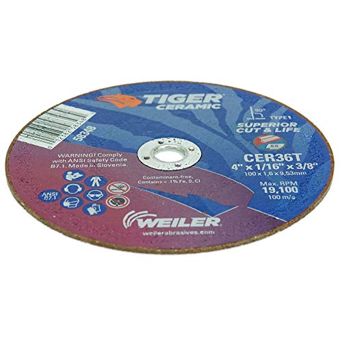 Image of Weiler 58348 4-Inch Cutting Wheel, Tiger Ceramic Contaminant-Free, Max Performance Cutting, 1 /16 inch CER36T Type 1 3 /8 inch Arbor (Pack of 25)