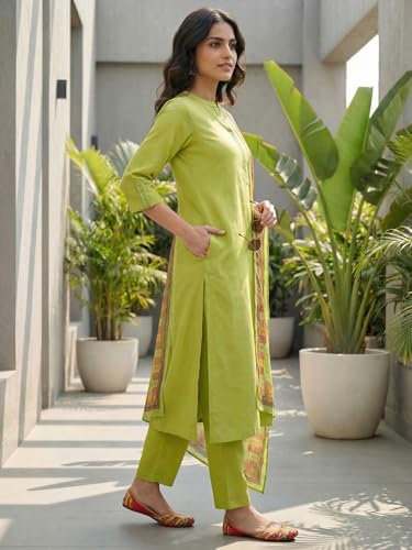 Image of INDO ERA Women's Straight Cotton Blend Ethnic Motifs Embroidered Kurta Pant With Dupatta Set