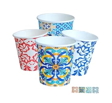 DETERMONDO Bicchieri in Carta 180 ml, 100 Pezzi, Monouso Compostabili Decorati Stile Maiolica, Ecologici e Biodegradabili, Resistenti per Bevande Fredde e Calde, Ideali per Eventi, Feste, Catering
