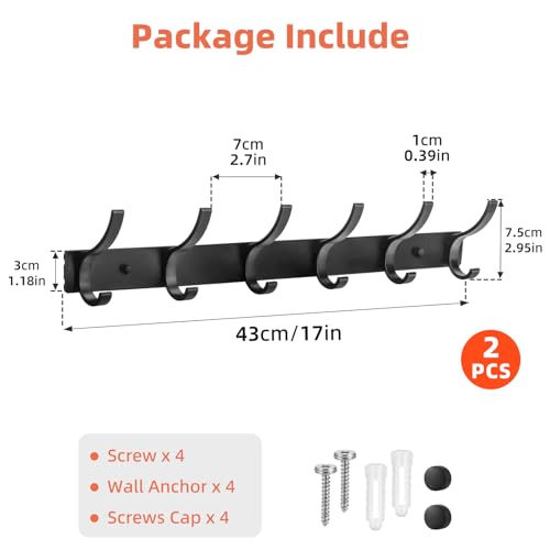 Kssvzz 2 Stück Garderobenhaken Schwarz - Kleiderhaken Wand mit 12 Haken, Garderobenleiste Wandgarderobe für Schlafzimmer Bad Küche, Hakenleiste Garderobe für Jacken, Mäntel, Cap, Schals und Handtuch
