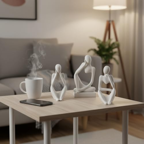 Image of Ceramic Thinker Statue 5In -Set of 3 | Abstract Men Figurine Showpiece Modern Sculpture | Home Decor for Living Room Bedroom Bookshelf Office Table | Housewarming Birthday Gift (White)