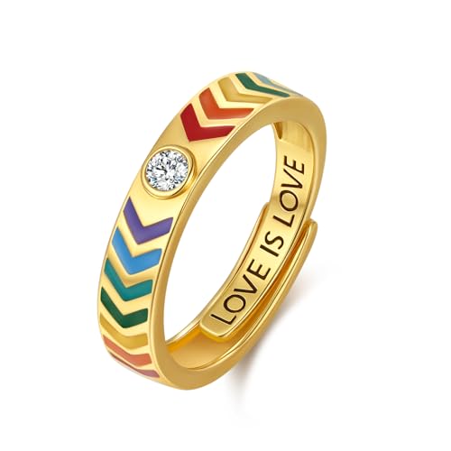Regenbogen Ring Herren 925 Sterling Silber LGBT Ring für Herren Partnerring mit 'LOVE IS LOVE' Geschenke für Gleichgeschlechtlich Liebende (#10) (Gold)