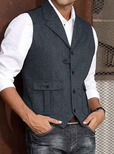 Yarizm Mens Western Herringbone Suit Vest Tweed Wool Blend Slim Fit Waistcoat with 2 Pockets4