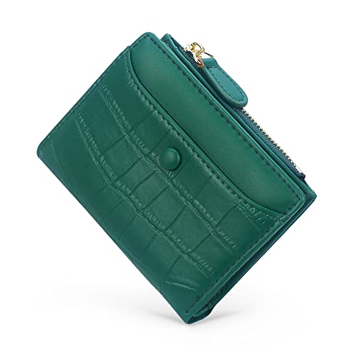 Small Wallet for Women, Leather Compact Bifold Womens Wallet with Zipper Coin Purse (Stone Pattern, Dark green)