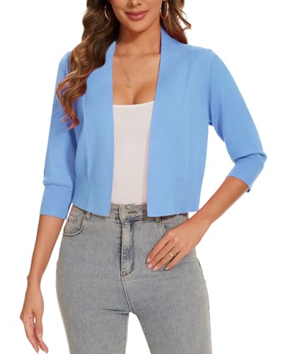 Image of Women 3 /4 Sleeve Cropped Cardigan Lightweight Casual Open Front Bolero Shrug Sweaters