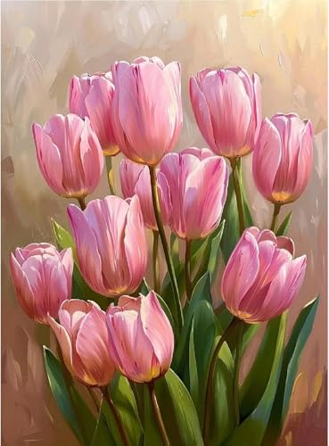 Image of MYBISYMQQ Pink Tulips Cross Stitch Kits for Adults Beginners - 11CT Stamped Vintage Floral Embroidery Kit, DIY Pre-Printed Needlepoint Patterns for Home Wall Art Decor, 15.7x11.8 Inches