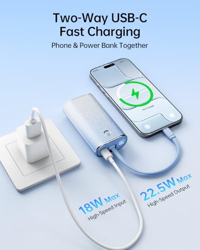 Image of iWALK Sparkly 10000mAh Portable Charger, 22.5W Fast Charging Small Power Bank with Built-in USB-C Cable, Diamond Glitter Ultra-Compact Battery for iPhone 17 /17 Pro /16 /16 Pro /15, Samsung,ShinyBlue
