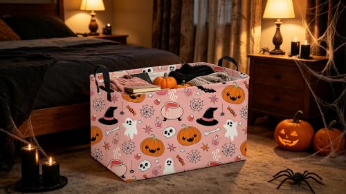 Image of Sanjiaofeng Rectangular Pink Halloween Horror Ghost Storage Basket,Scary Pumpkin Basket,Halloweens Party Baskets,Halloween Candy Storage Baskets with Handles(Smiley Pumpkin)
