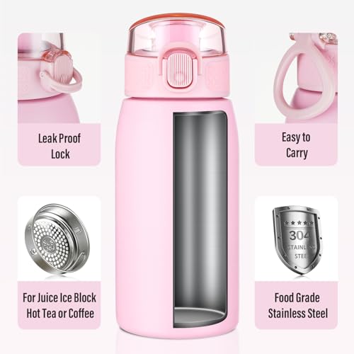 Image of Insulated Water Bottle 12 oz with Dustproof Lid, Carry Handle & Tea Infuser, BPA-Free & Leakproof, Stainless Steel Water Bottles Ideal for Fitness, Hiking, Office & Outdoor Use (Water Pink )
