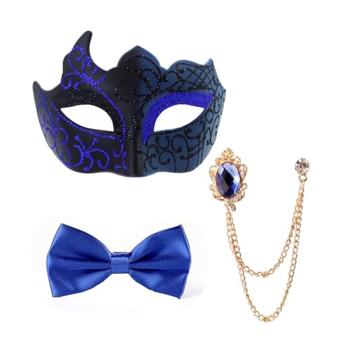 Generic - 3PC Masquerade Masks for Men Vintage Gentle Mask with Bow Tie Metallic Rhinestone Brooch Prom Evening Accessories,Blue,One Size