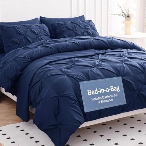LANE LINEN 7 Piece Queen Comforter Set Microfiber Pintuck - Navy Blue
