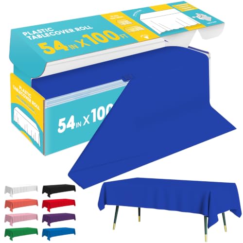 Image of Niuara Blue Plastic Table Cover Roll - 54IN x 100FT, Table Cloth for Rectangle Table with Slide Cutter, Plastic Table Cloth Disposable with Cut-to-Size Design for Weddings, Banquets, Parties