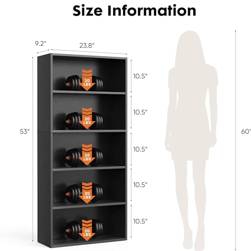 Image of HealSmart 5 Tier Bookcase, Industrial 5 Book Shelf, 9.2 inch D x 23.8 inch W x 53 inch H Tall Open Cube Storage Organizer for Home Office, Living Room, Bedroom and Dinning Room, Black