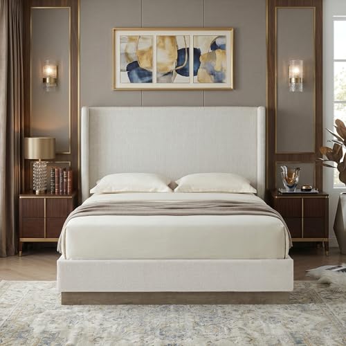 Bavendra 53.1" Extra-Tall Wingback Bed Frame - Luxury Cream White Boucle Upholstered Platform Bed with Gray Oak Wood Base, Heavy Duty 1000lbs, No Box Spring Needed, Noise-Free (Queen) Bavendra 53.1" Extra-Tall Wingback Bed Frame - Luxury Cream White Boucle Upholstered Platform Bed with Gray Oak Wood Base, Heavy Duty 1000lbs, No Box Spring Needed, Noise-Free (Queen) - Image 1