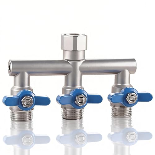 304 Stainless Steel Garden Hose Splitter 3 Way Heavy Duty Full Flow T Valve Water Hose Splitter With 2.1 Extra Long Handle Lead-free3/4 GHT Thread Connector For Outdoor Spigot Faucet