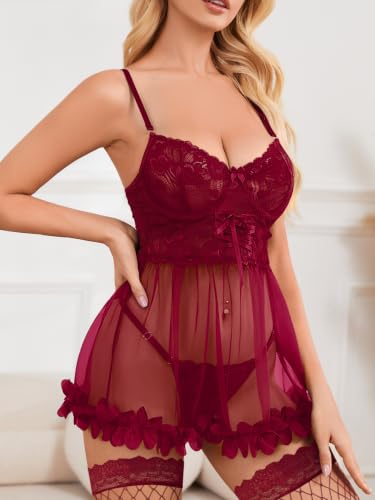 Image of Foxiny Sexy Ruffle Floral Skirt Underwire Mesh Sheer Lace Babydoll Lingerie Dress with Thong 2 Piece