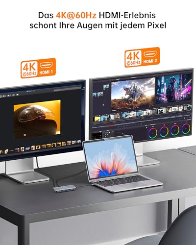 NOVOO 11 in 1 Docking Station 4K@60Hz Triple Display USB C Hub Dual HDMI mit 4K@120Hz DisplayPort Multiport Adapter, 2 HDMI 4K@60Hz… – Ansicht 4