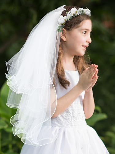 SWEETV First Communion Veil Flower Girl Bow Headband Veil with Wreath Crown White Pearl Center Floral Crown First Holy Communion Veils For Kids Holy Communion Headpiece Wedding Catholic Party — view 3