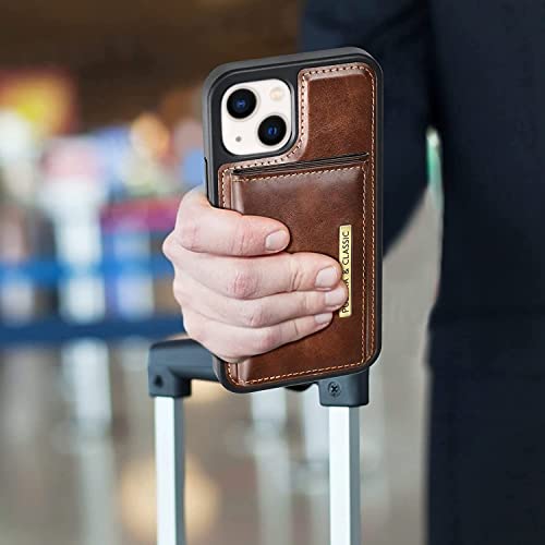 Image of PULOKA Wallet Back Case - Compatible with iPhone 14 - Vegan Leather Phone Cover - Detachable Card Holder Case with Kickstand - Shockproof, Anti Scratch & Raised Edges for Protection - Brown