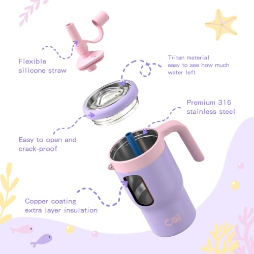 Image of OISIZ 14oz Kids Tumbler with Straw Lid & Handle,Kids Cup with Animal Accessory for School,Kids Water Bottles with Dust-proof Cover,Leakproof Water Bottles,316 Stainless Steel,Keep Cold 24 Hours-purple