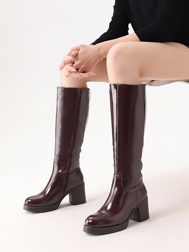 Image of Shoe'N Tale Platform Knee High Boots for Women Block Chunky Heel Round Toe Side Zipper Tall Boots