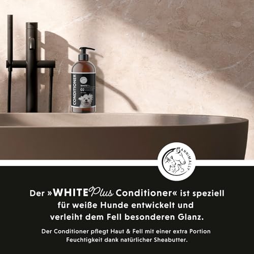 Annimally White Plus Conditioner - Natürliche FellspüLung mit Sheabutter für strahlend weißes Fell, ph-neutrale, feuchtigkeitsspendende Pflege für weißes Fell ohne Bleichmittel & Parfüm - 500 ml