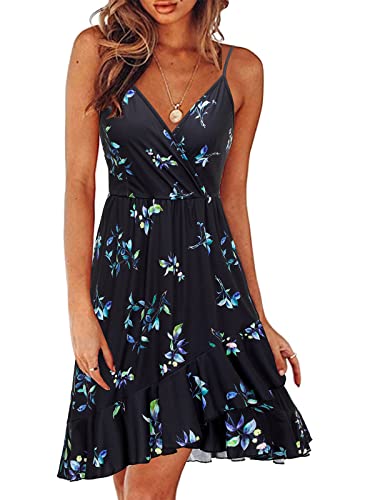 ULTRANICE Damen Sommerkleider Blumenmuster Kleid V-Ausschnitt Strandkleid Verstellbaren Spaghettiträger Rüschen Freizeitkleid(Floral-35,M)