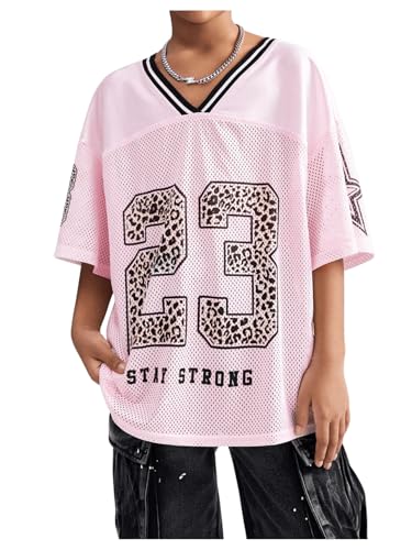 Image of Floerns Girl's Jersey Shirt Printed Oversized Short Sleeve Mesh Tee Shirts V Neck Sport Jersey Shirts