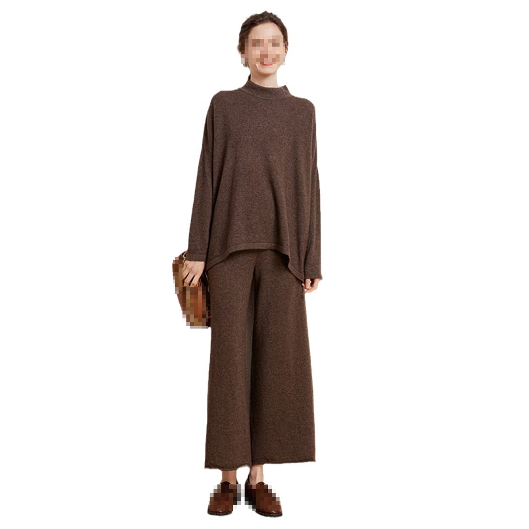 Inverno 100% Cashmere Maglia Maglione Vestito Delle Donne Pullover+Vita Alta Pantaloni Gamba Larga Moda Tuta Due Pezzi Set