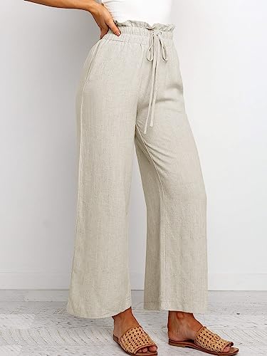 Summer Linen Pant for Women Wide Leg Palazzo Pants Casual Loose Ruffle Waist Capri Drawstring Beach Trousers2