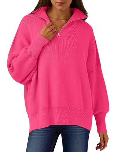 Image of ANRABESS Womens Oversized Quarter Zip Pullover Sweaters | Fall Fashion Outfits, Long Sleeve Slit Side, Baggy Loose Fit, 1 /4 Zip Lapel Collared, Ribbed Knit Soft Warm Winter Clothing