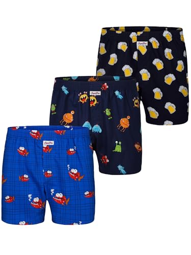 Sugar Pine Herren Boxershorts 3-Pack Motiv Print Mix - Bier, Piranha, Monster - Größe M