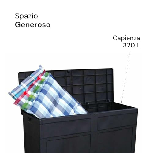 Avilia Baúl portaobjetos de exterior – Baúl para herramientas y artículos de jardinería, de resina resistente y paneles de madera, 320 l, 119 x 46 x 60 cm, negro - imagen 2