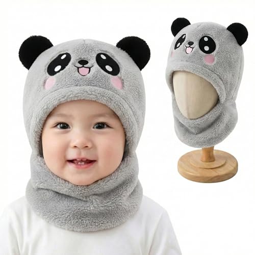Image of Kraptick Winter Kids Monkey Cap - Cute Panda Plush Balaclava Hat with Neck Warmer Scarf Soft Woolen Fleece Lined Windproof Earflap Hood for Babies -3