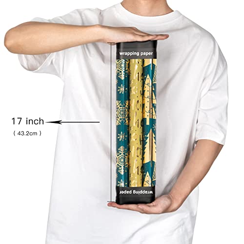 MAYPLUSS Christmas Wrapping Paper Roll - Mini Roll - 17 inch X 120 inch Per roll - 3 Different Dark Green with Glitter Metallic Foil Design(42.3 sq.ft.ttl) - Thumbnail 2
