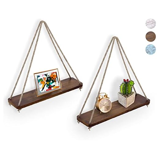 Rustik Uppsättning av 2 Trä Svävande Hyllor med Sträng – Bondgård Hängande Hyllor för Vardagsrum Väggen– Små Kökshyllor med rep – 43,2 cm x 13,2 cm – Rustik Brun