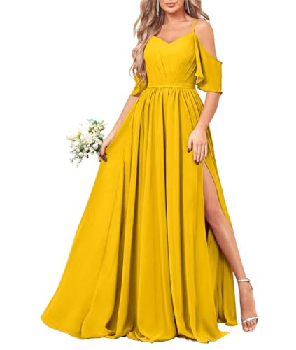 Damen Schulterfreies Brautjungfernkleid Lang Chiffon Formelles Kleid mit Schlitz, senfgelb, 34
