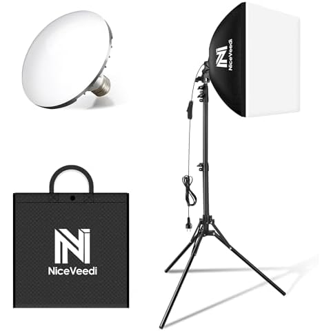 Softbox Lighting Kit, NiceVeedi 16'' x 16'' Softbox Photography Lighting Kit with 63” Tripod Stand & 5400K 450W Equivalent LED Bulb, Continuous Lighting for Photography/Video Record/Live Streaming Cover