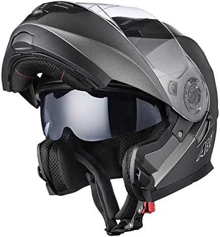AHR Motorcycle Helmet Dual Visor Modular Flip up Full Face Helmet DOT Approved Helmet RUN-M3 for Adult Motorbike Street Bike Moped Racing (Dark Grey, XL)