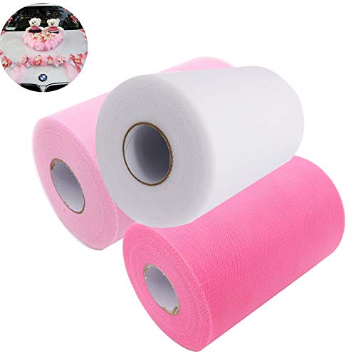 Tulle Rolls,Rocchetto di Tessuto,Rotoli di Tessuto Tutu Fai da te, Decorazioni per Feste di Compleanno di Matrimoni,Materiale per Imballaggi di Fiori(3 Pacchetti, Deep Powder,Rosa Chiaro,Bianco)